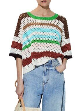 Parfois Multicolor Striped Crochet Open Knit Short Sleeve Sweater M Cotton Boho
